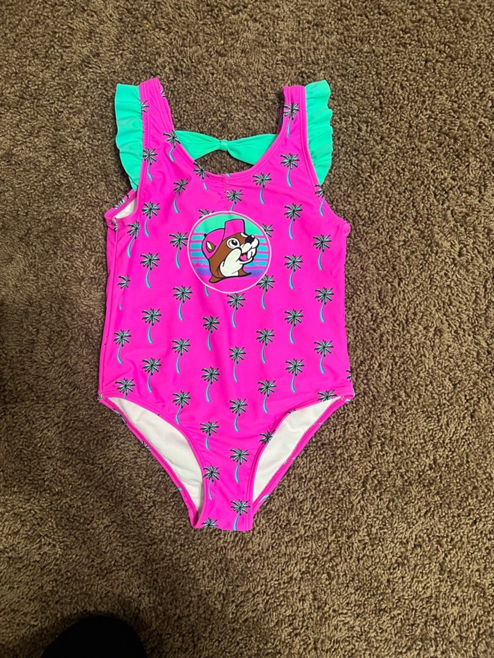 Girls' 4T Hot Pink Buc-ee’s One-Piece Swimsuit W/Mint Ruffle Straps